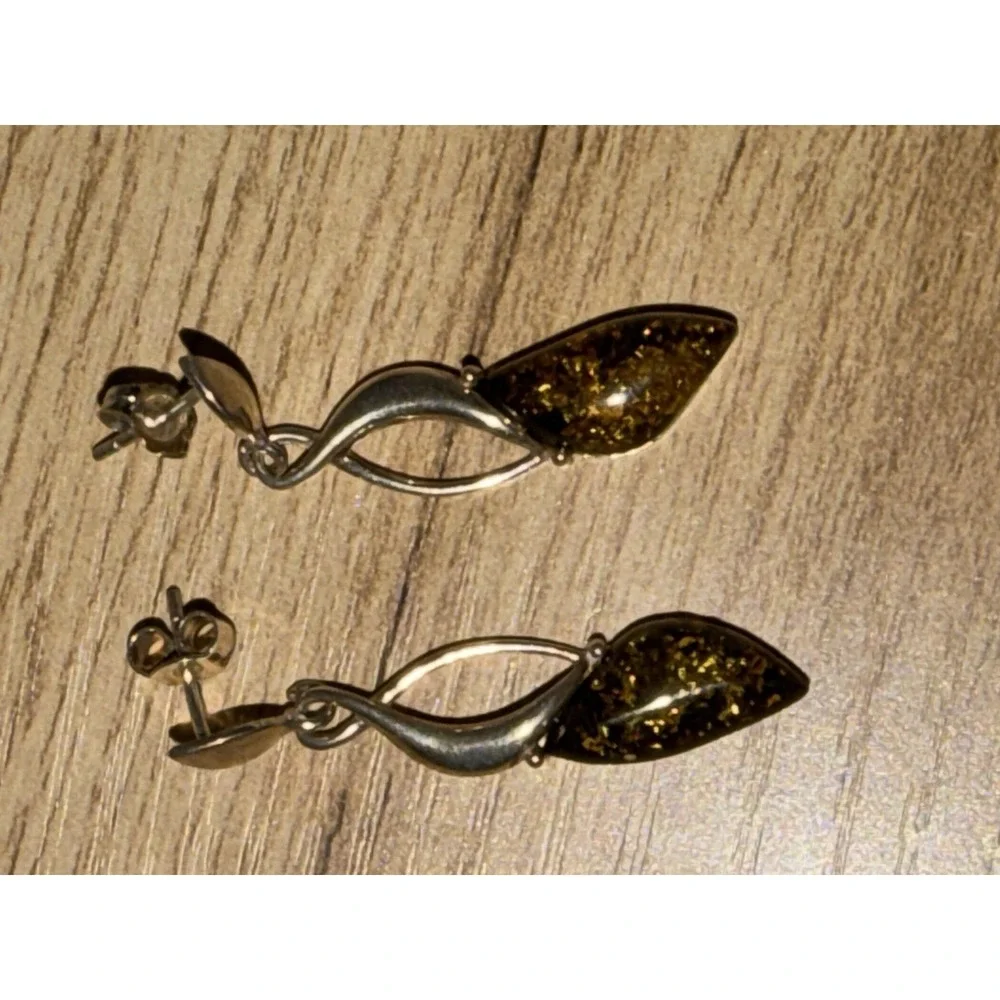 Sterling Silver Baltic Amber Dangle Earrings‎ Design 925 Pierced